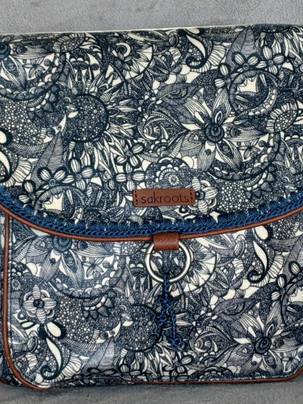 Sakroots Navy Blue and Tan Floral Fold-Over Crossbody